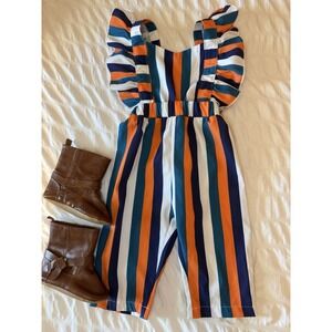 12 Month Lot Girls‎ Teal Blue Stripped Ruffle Overall Romper And Brown Boots
